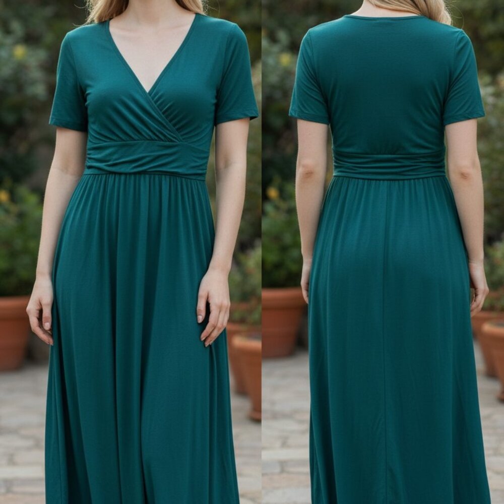 Green Short-Sleeve V-Neck Wrap Midi Dress By Weaczzy Medium